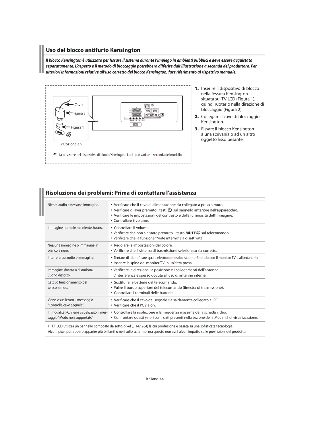 Samsung LE40M9 manual Uso del blocco antifurto Kensington, Risoluzione dei problemi Prima di contattare l’assistenza 