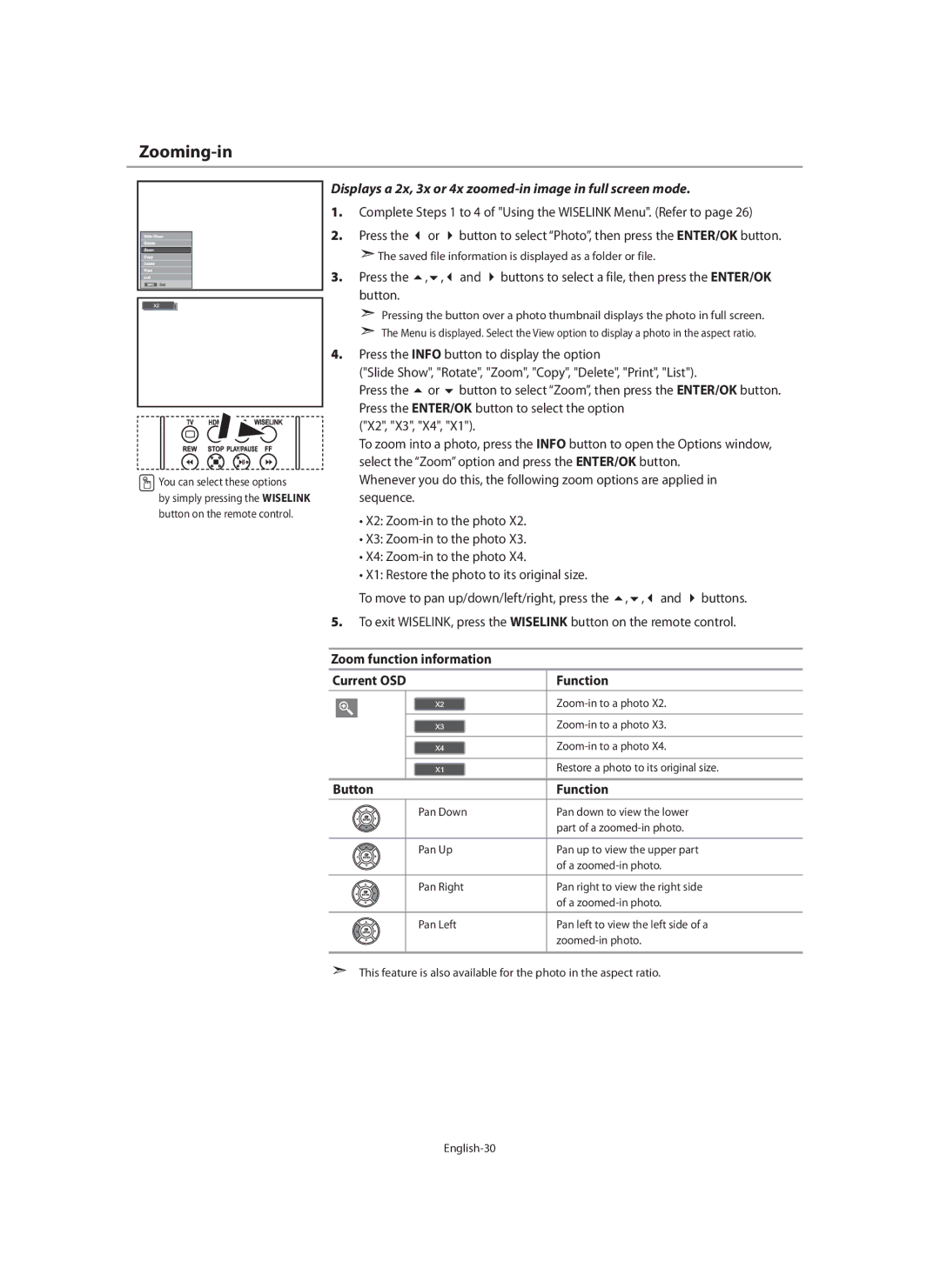 Samsung LE40M9 manual Zooming-in, Displays a 2x, 3x or 4x zoomed-in image in full screen mode, Button Function 