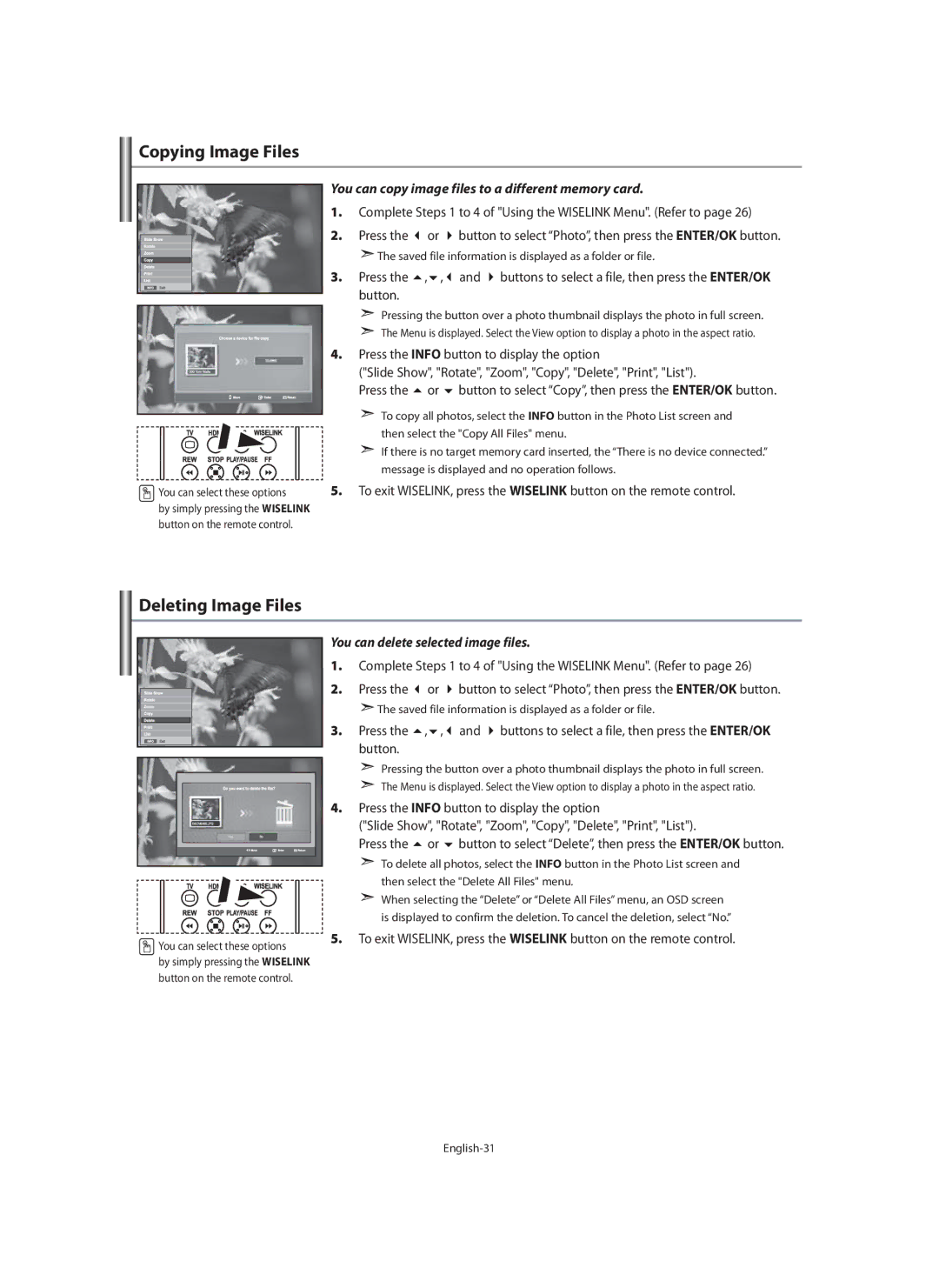 Samsung LE40M9 Copying Image Files, Deleting Image Files, You can copy image files to a different memory card, English-31 