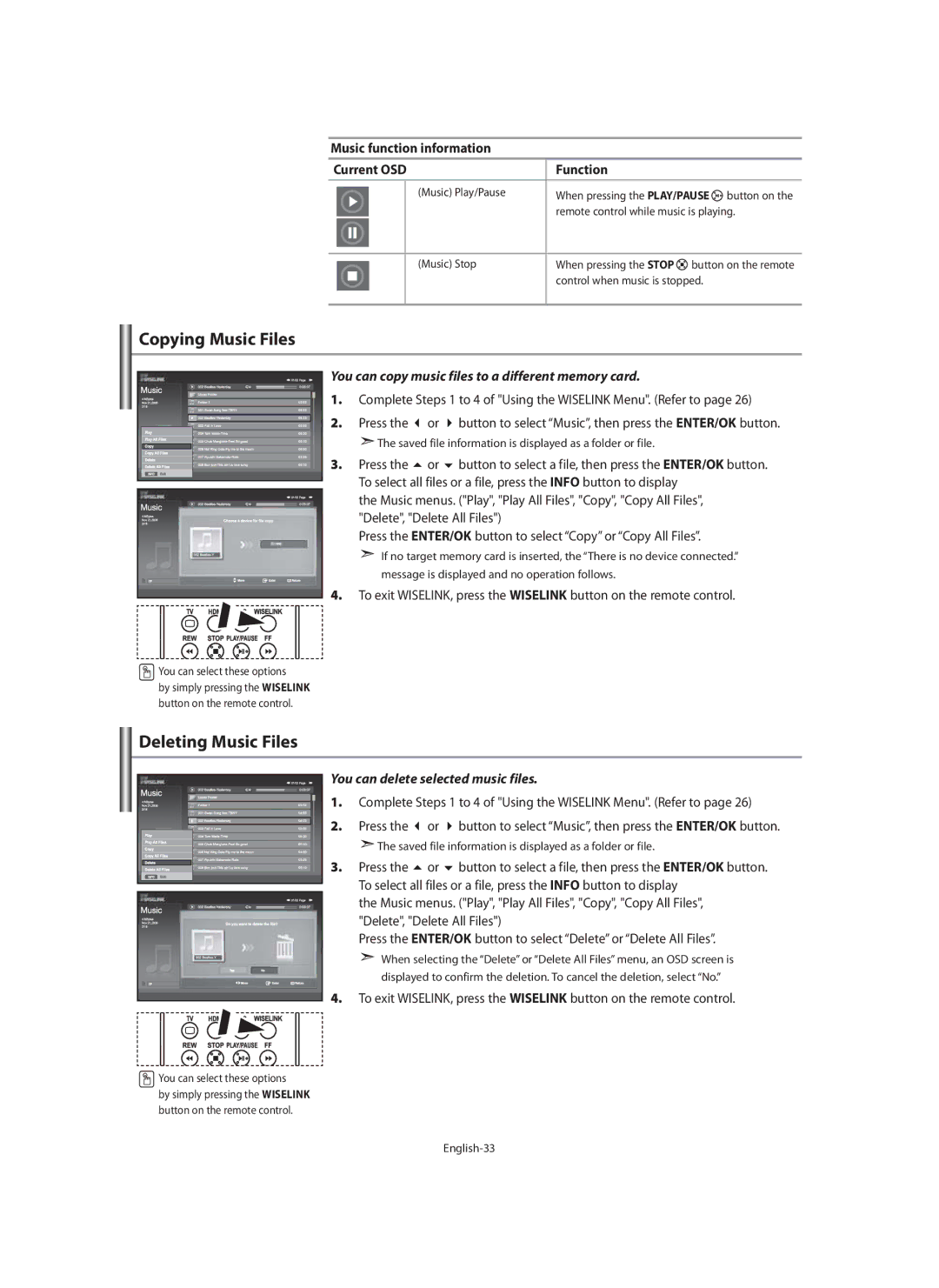 Samsung LE40M9 manual Copying Music Files, Deleting Music Files, Music function information Current OSD Function 