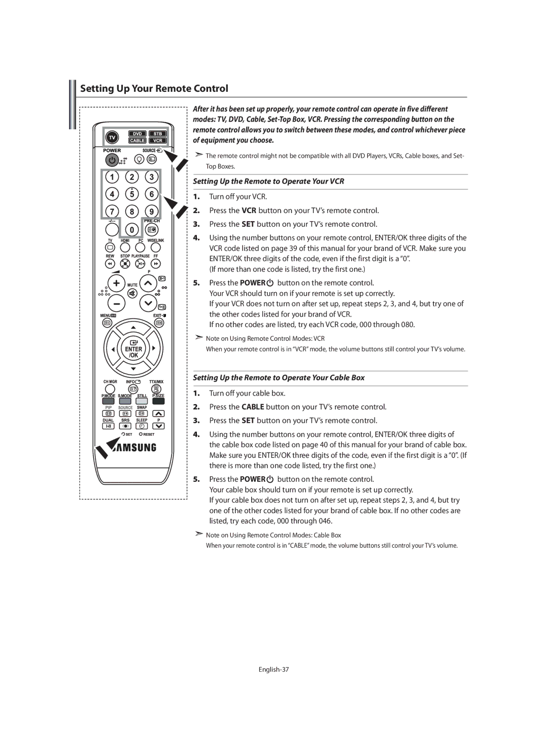 Samsung LE40M9 manual Setting Up Your Remote Control 