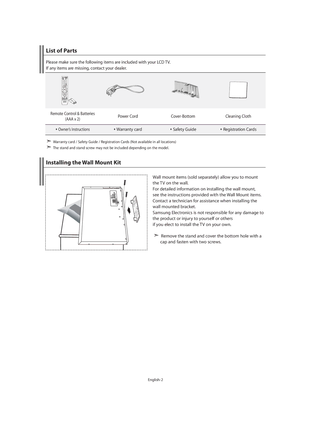 Samsung LE40M9 manual List of Parts, Installing the Wall Mount Kit, Power Cord Cover-Bottom Cleaning Cloth, English-2 