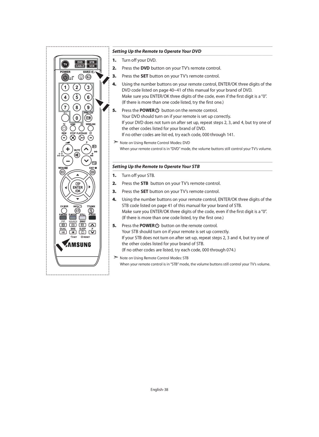 Samsung LE40M9 manual Setting Up the Remote to Operate Your DVD, Setting Up the Remote to Operate Your STB 