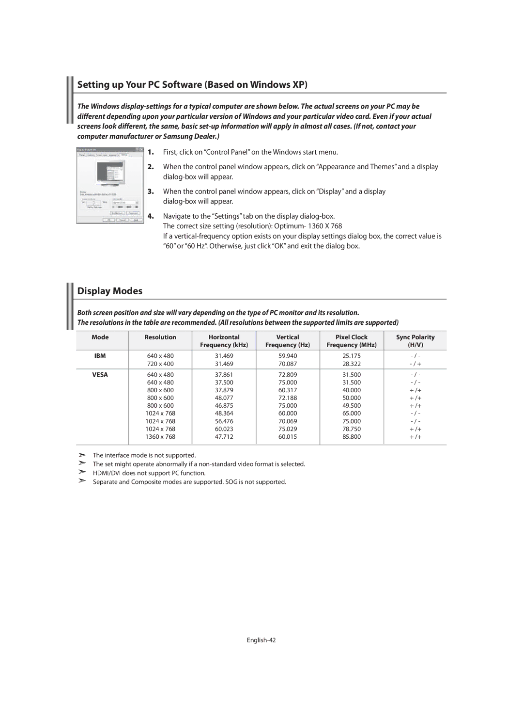 Samsung LE40M9 manual Setting up Your PC Software Based on Windows XP, Display Modes 