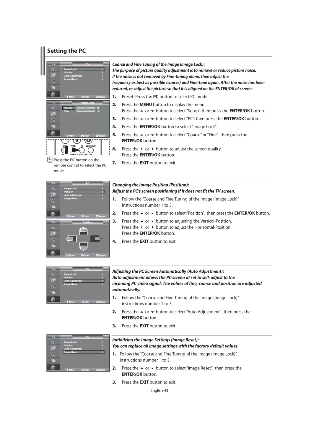 Samsung LE40M9 manual Setting the PC, Preset Press the PC button to select PC mode 