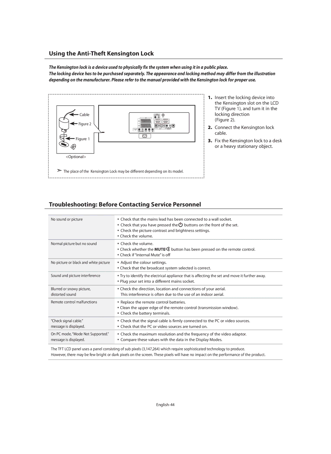 Samsung LE40M9 manual Using the Anti-Theft Kensington Lock, Troubleshooting Before Contacting Service Personnel, Cable 