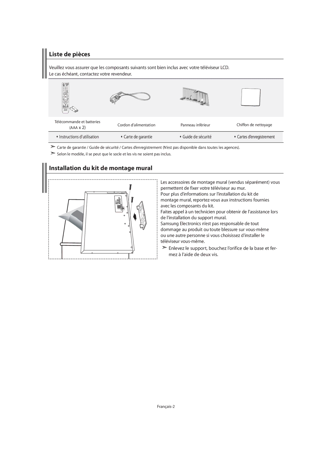 Samsung LE40M9 manual Liste de pièces, Installation du kit de montage mural, Français-2 