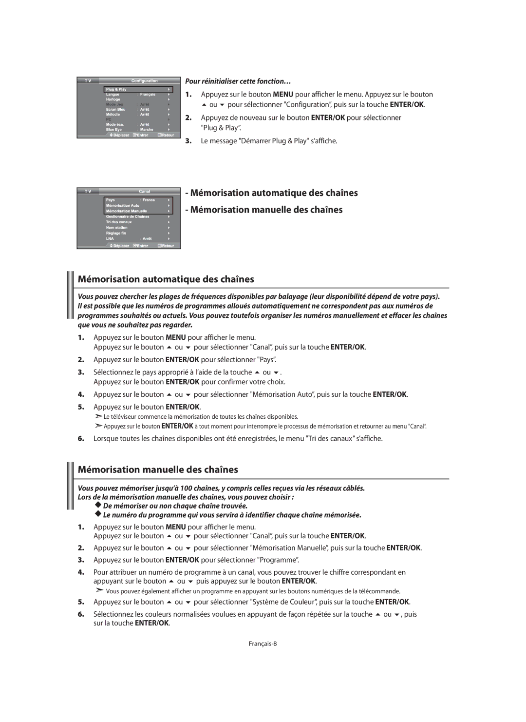 Samsung LE40M9 Mémorisation automatique des chaînes, Mémorisation manuelle des chaînes, Pour réinitialiser cette fonction… 