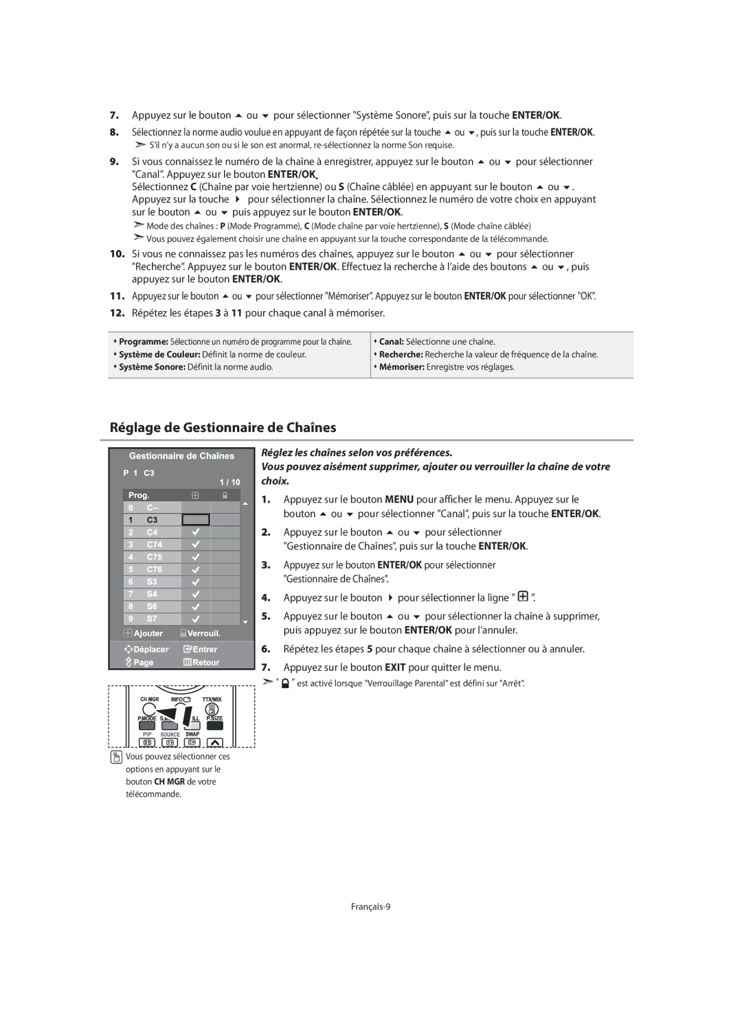 Samsung LE40M9 manual Réglage de Gestionnaire de Chaînes 