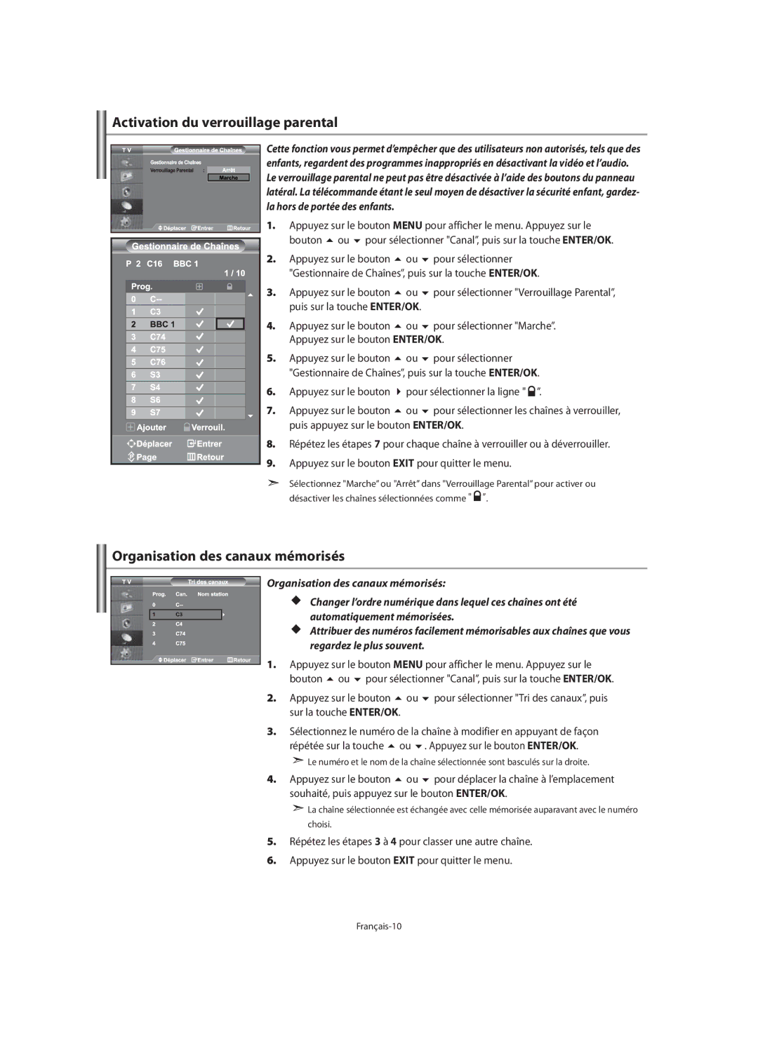 Samsung LE40M9 manual Activation du verrouillage parental, Organisation des canaux mémorisés 