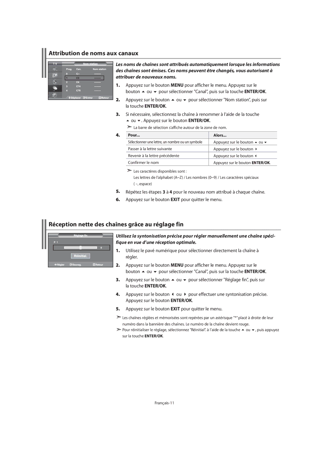 Samsung LE40M9 manual Attribution de noms aux canaux, Réception nette des chaînes grâce au réglage fin, Bouton 