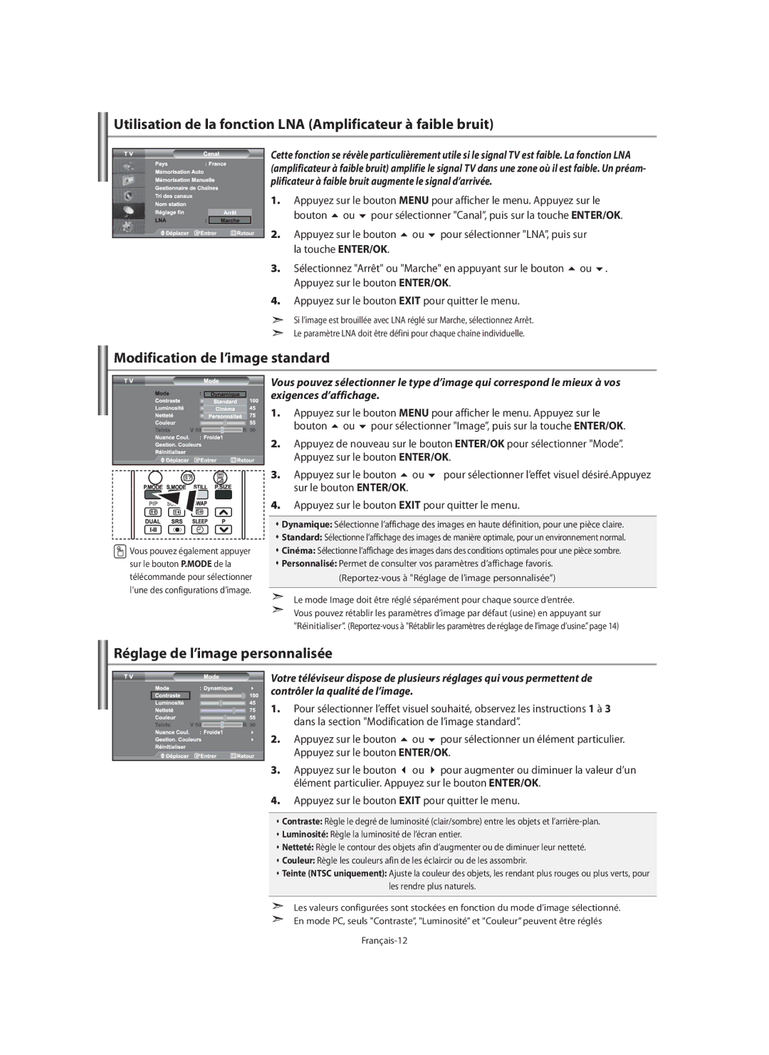 Samsung LE40M9 manual Utilisation de la fonction LNA Amplificateur à faible bruit, Modification de l’image standard 