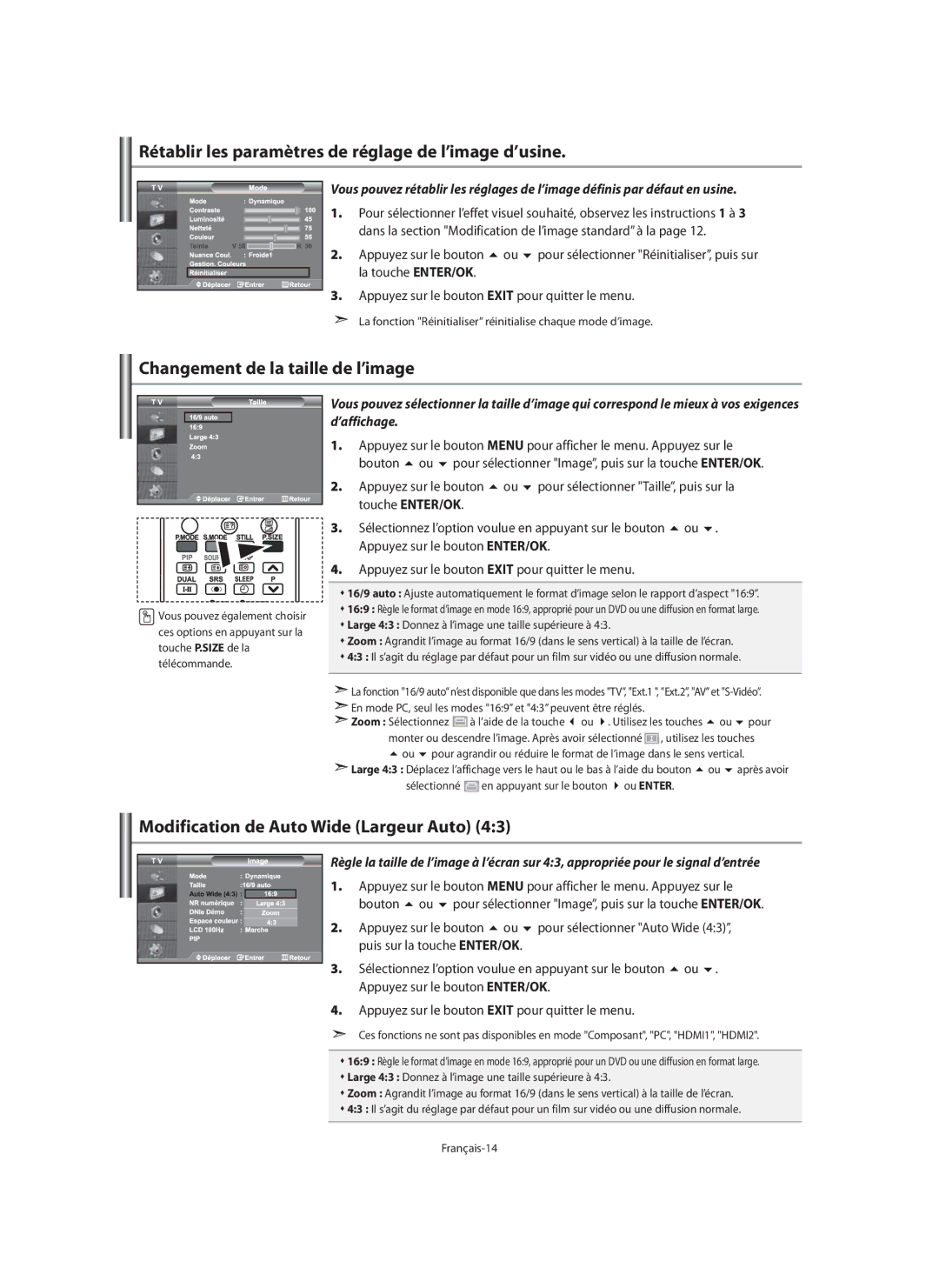 Samsung LE40M9 Rétablir les paramètres de réglage de l’image d’usine, Changement de la taille de l’image, Touche ENTER/OK 