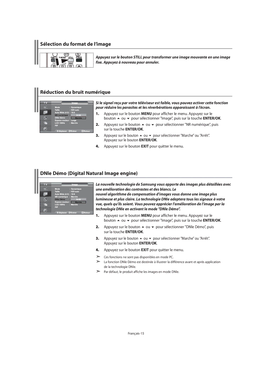 Samsung LE40M9 manual Sélection du format de l’image, Réduction du bruit numérique, DNle Démo Digital Natural Image engine 