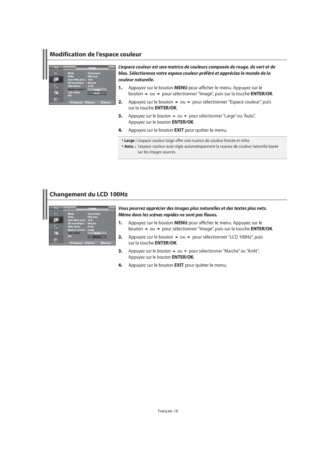 Samsung LE40M9 Modification de l’espace couleur, Changement du LCD 100Hz, Pour sélectionner Large ou Auto, Français-16 