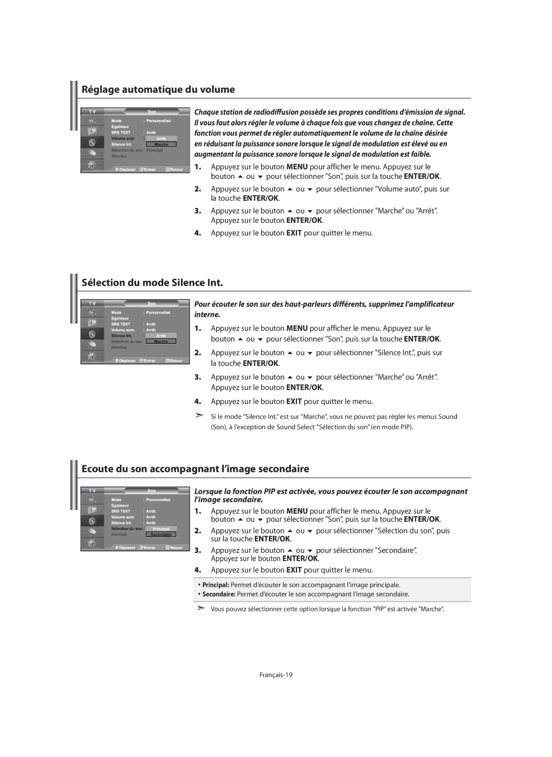 Samsung LE40M9 Réglage automatique du volume, Sélection du mode Silence Int, Ecoute du son accompagnant l’image secondaire 