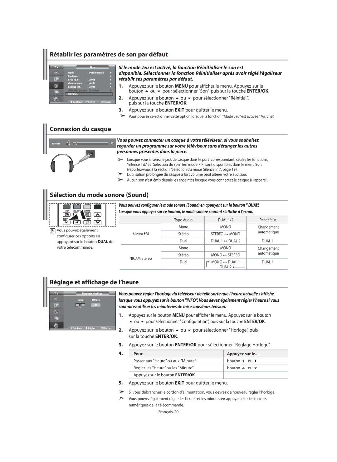 Samsung LE40M9 manual Rétablir les paramètres de son par défaut, Connexion du casque, Sélection du mode sonore Sound 