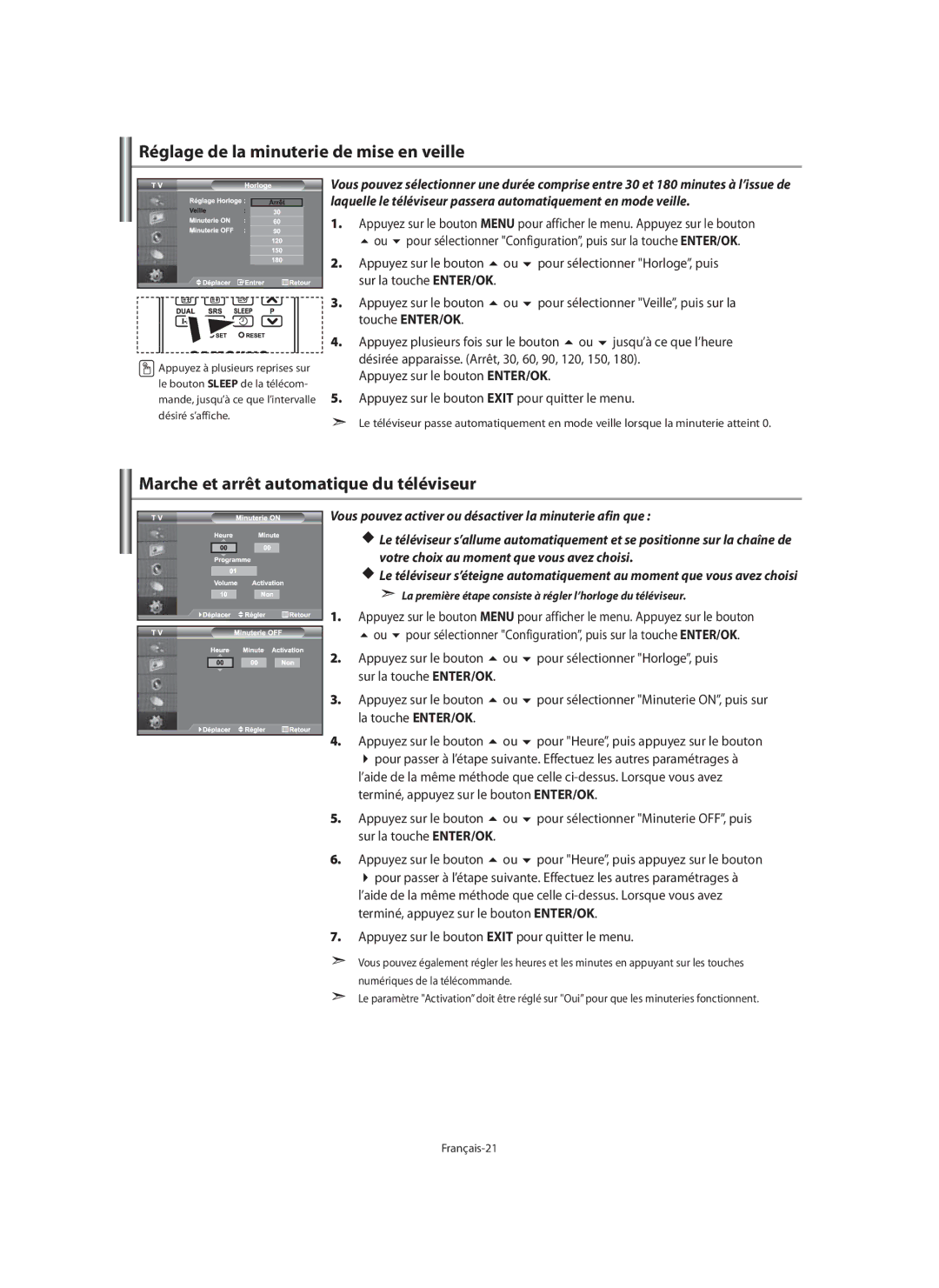 Samsung LE40M9 manual Réglage de la minuterie de mise en veille, Marche et arrêt automatique du téléviseur 