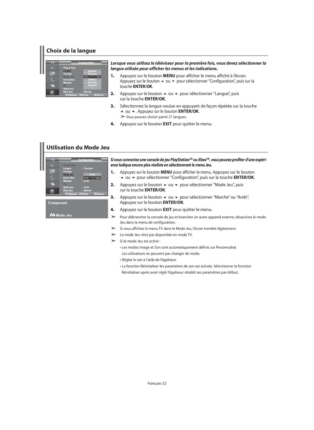 Samsung LE40M9 manual Choix de la langue, Utilisation du Mode Jeu, Appuyez sur le bouton Pour sélectionner Mode Jeu, puis 