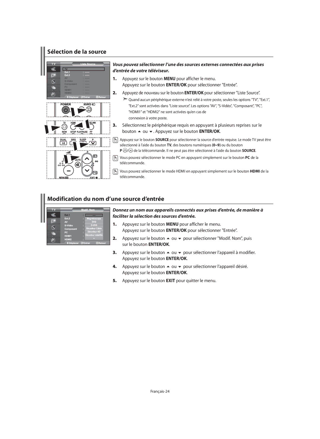 Samsung LE40M9 manual Sélection de la source, Modification du nom d’une source d’entrée 