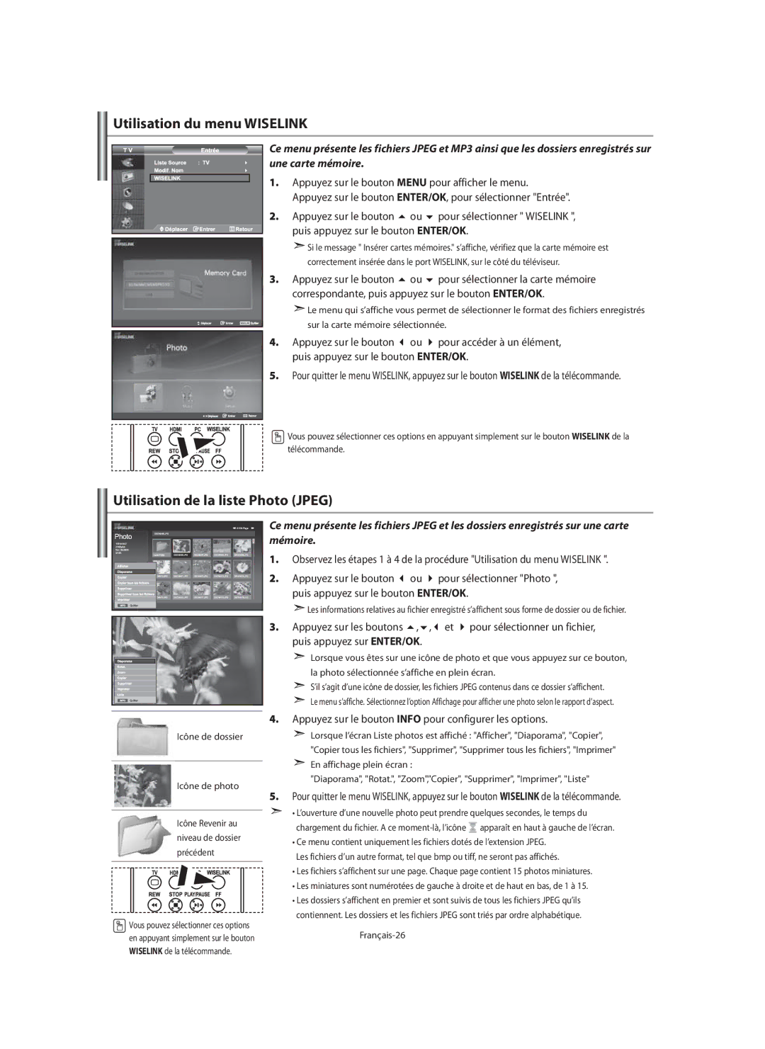 Samsung LE40M9 manual Utilisation du menu Wiselink, Utilisation de la liste Photo Jpeg, Français-26 