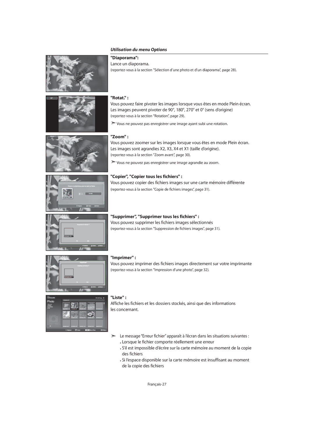 Samsung LE40M9 manual Utilisation du menu Options 