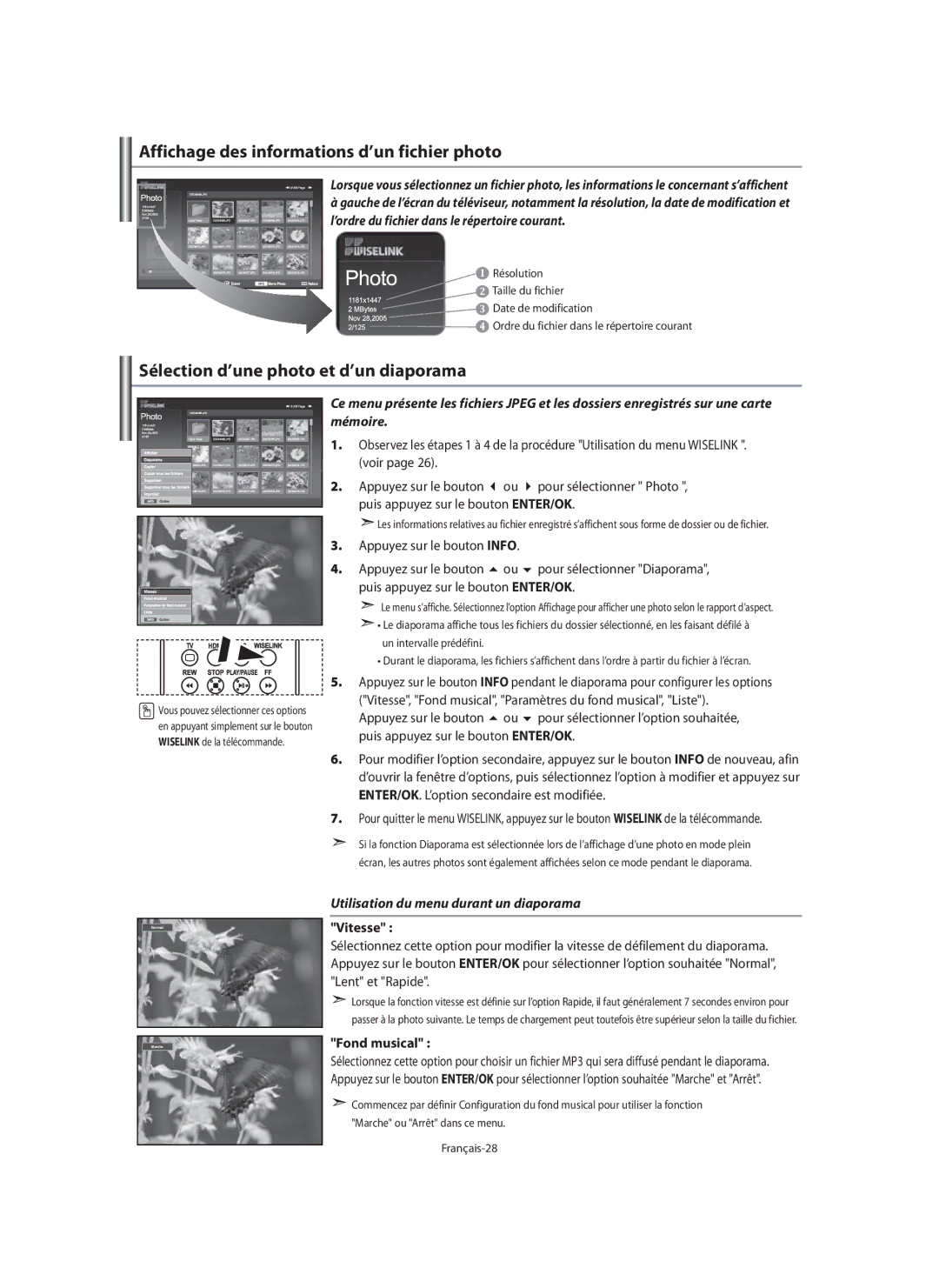 Samsung LE40M9 manual Affichage des informations d’un fichier photo, Sélection d’une photo et d’un diaporama, Vitesse 