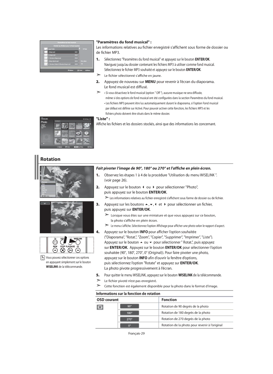 Samsung LE40M9 manual Rotation, Paramètres du fond musical 