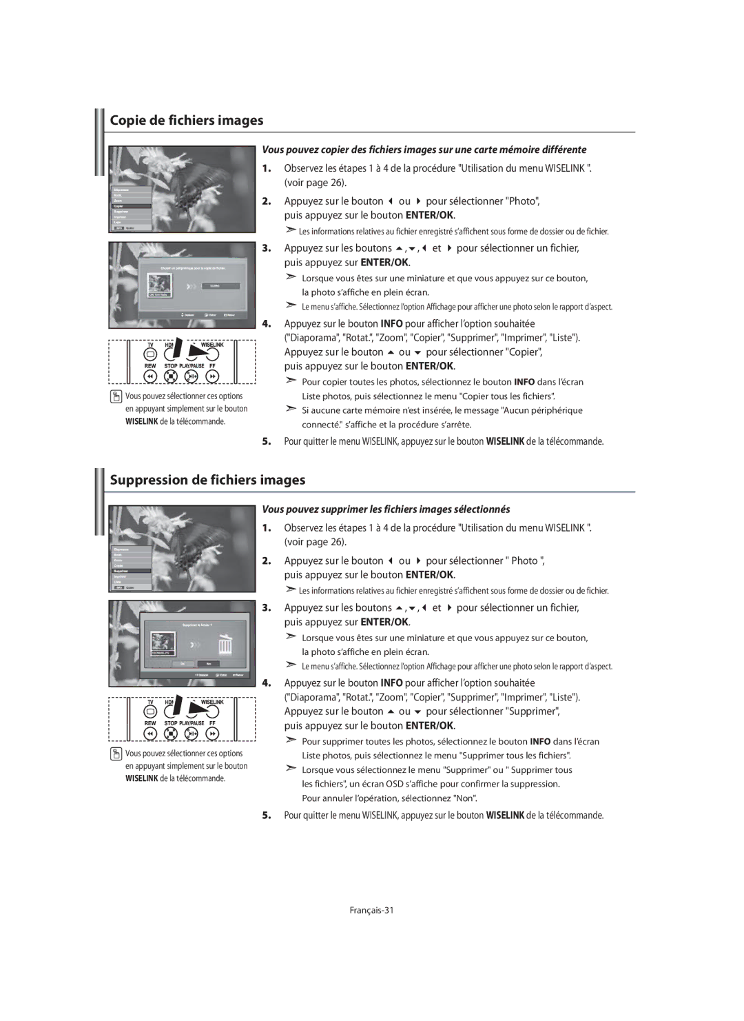 Samsung LE40M9 manual Copie de fichiers images, Suppression de fichiers images 