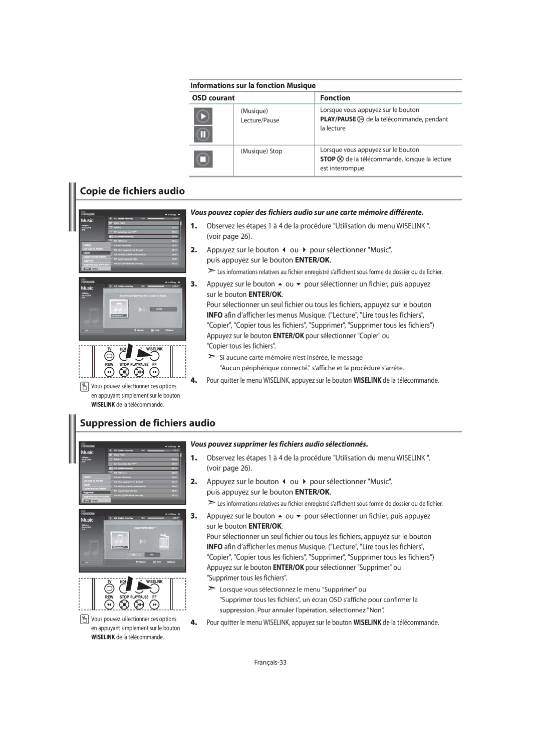 Samsung LE40M9 manual Copie de fichiers audio, Suppression de fichiers audio 