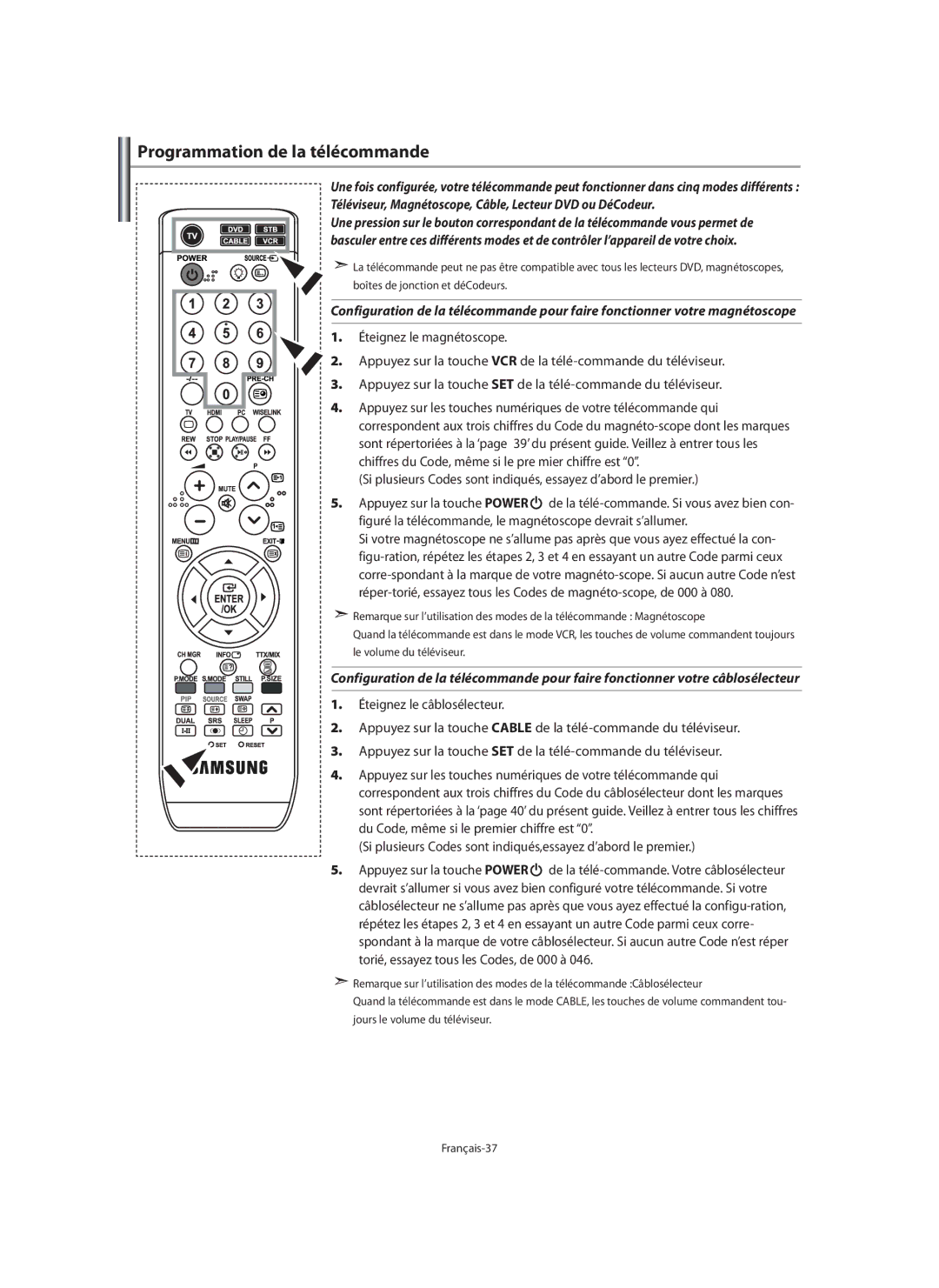 Samsung LE40M9 manual Programmation de la télécommande 