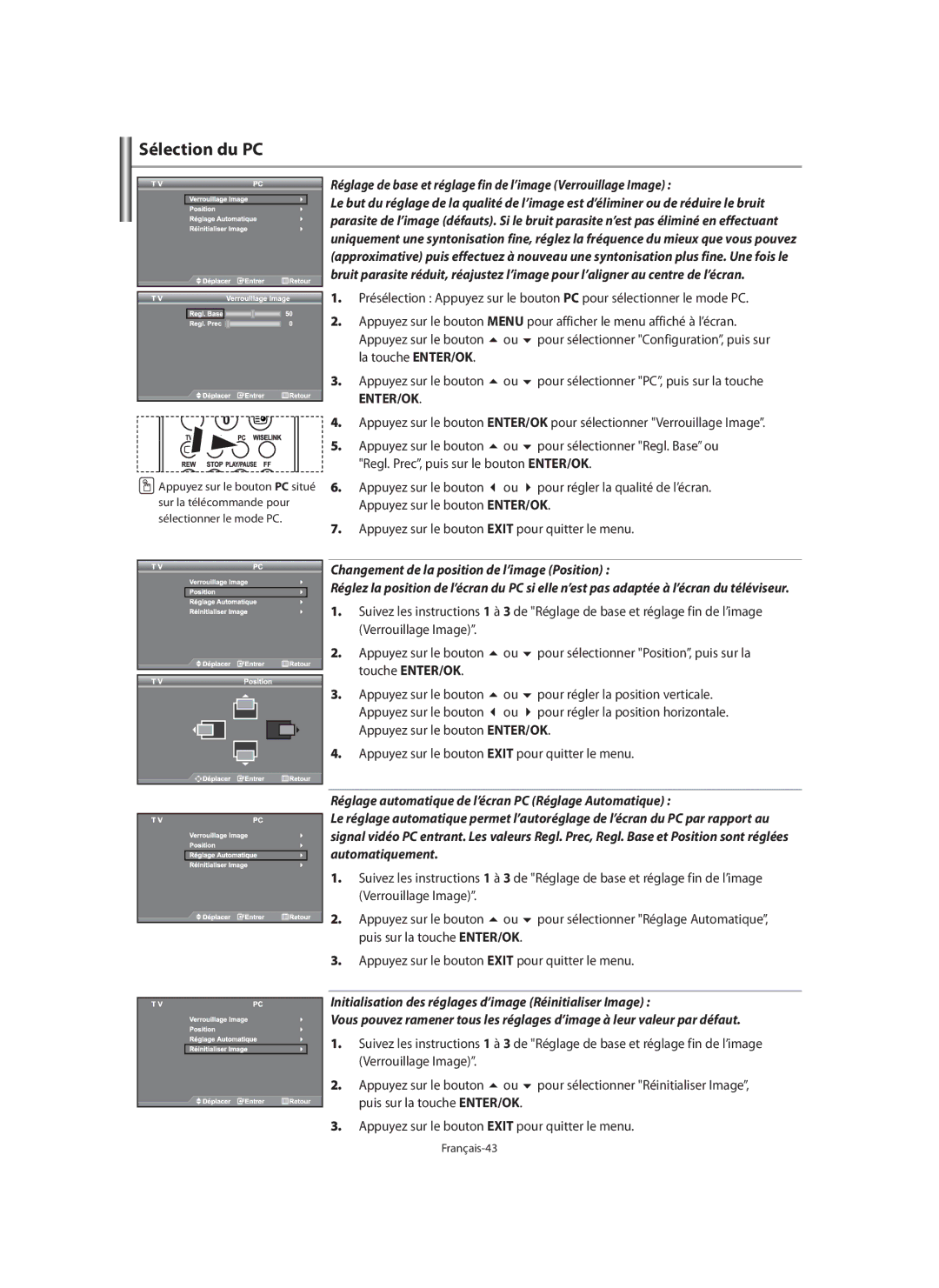 Samsung LE40M9 manual Sélection du PC, Regl. Prec, puis sur le bouton ENTER/OK, Verrouillage Image Appuyez sur le bouton 