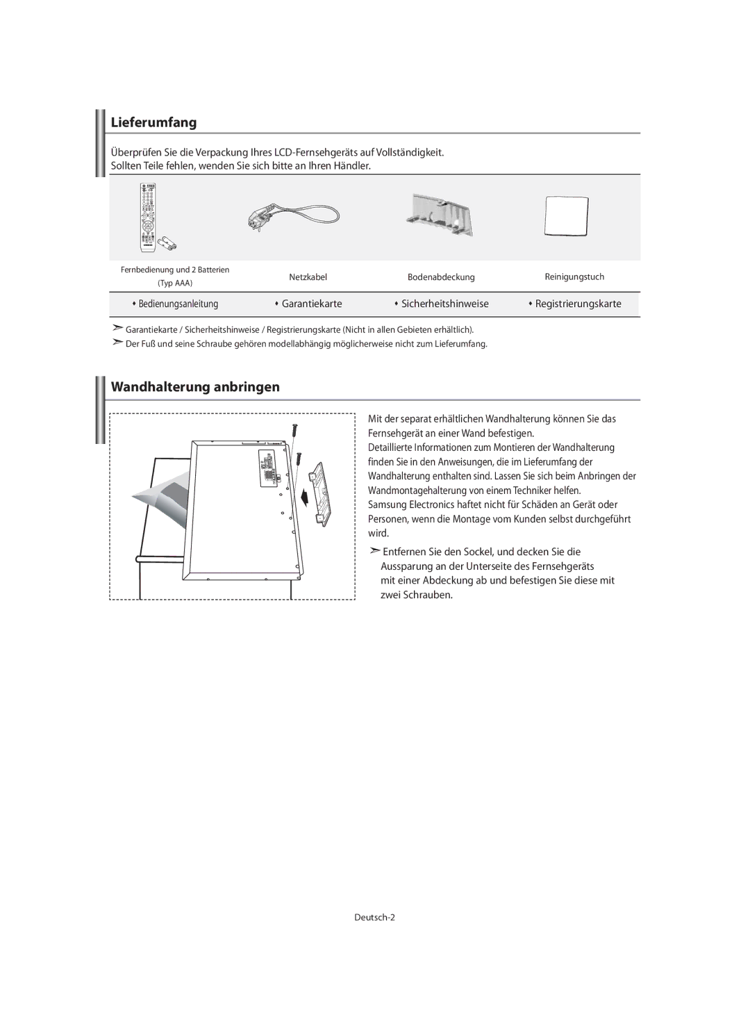 Samsung LE40M9 manual Lieferumfang, Wandhalterung anbringen, Œ Garantiekarte Œ Sicherheitshinweise, Deutsch-2 