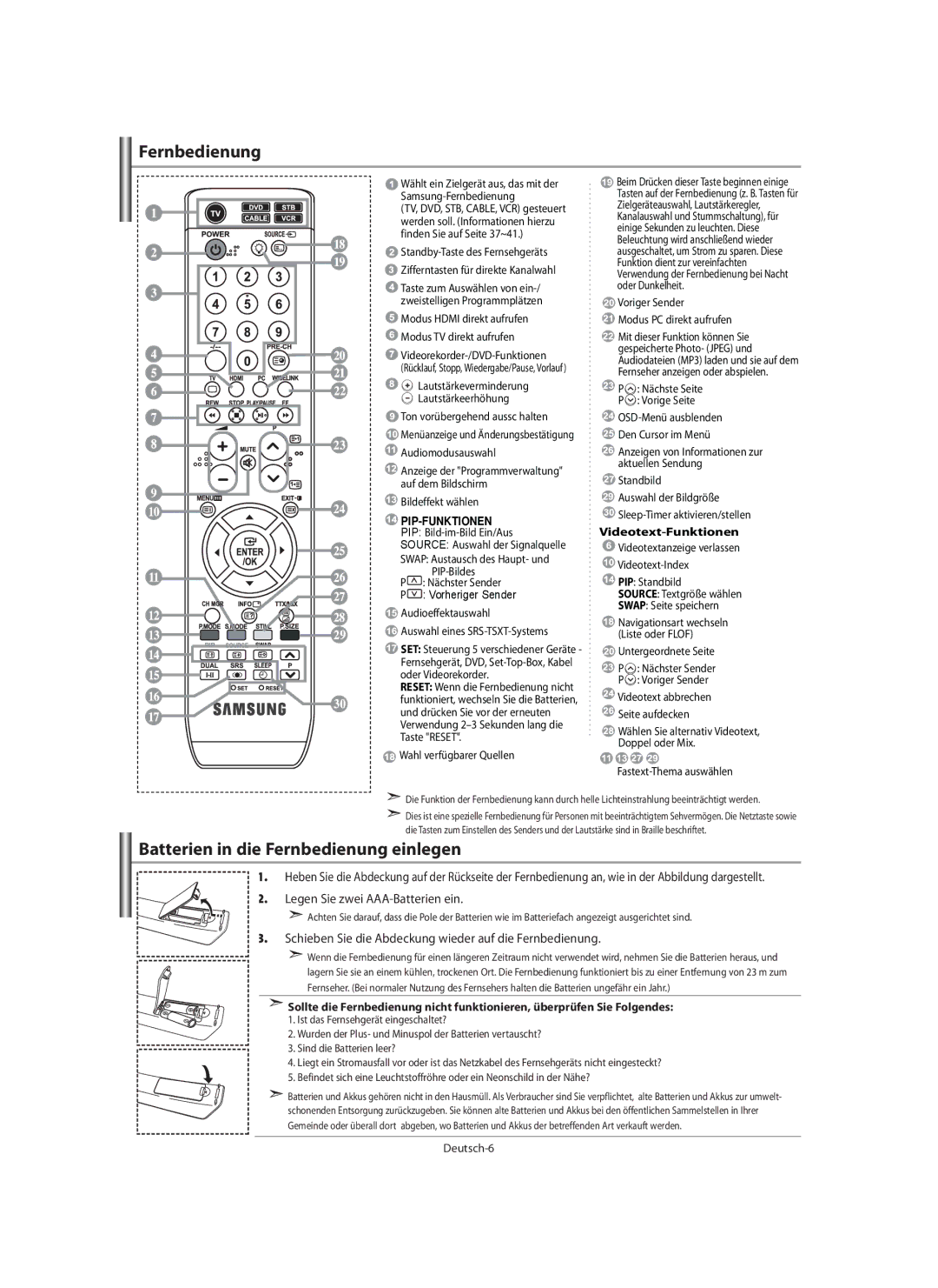 Samsung LE40M9 manual Batterien in die Fernbedienung einlegen, Legen Sie zwei AAA-Batterien ein, Deutsch-6 