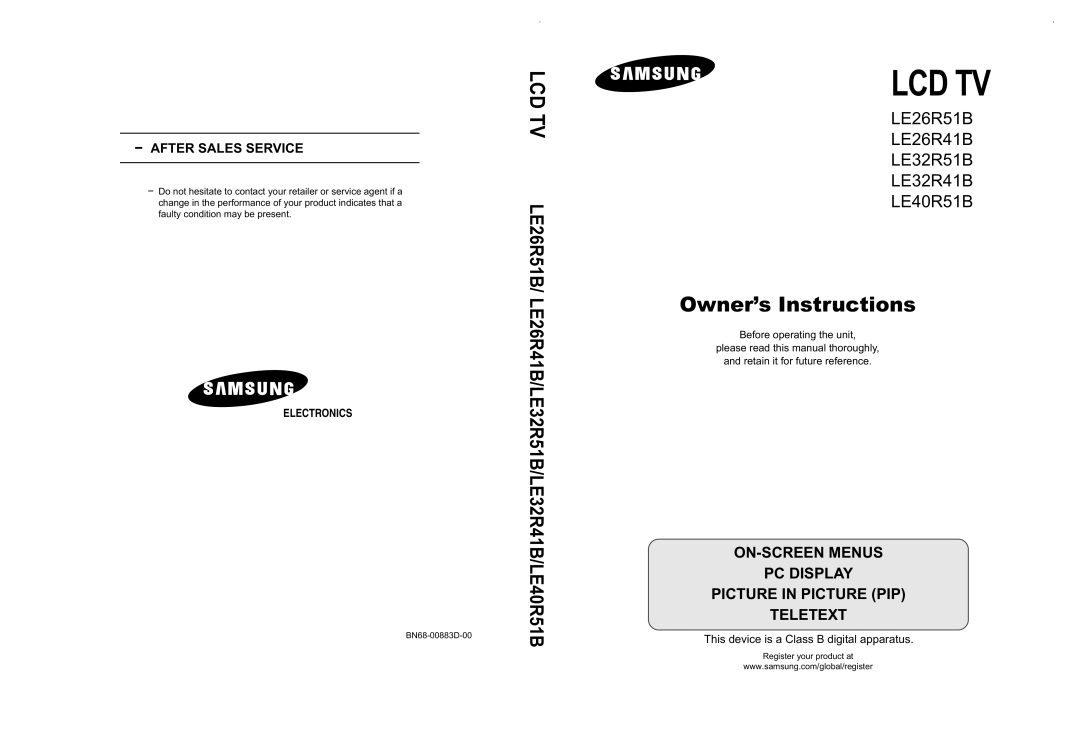 Samsung LE26R51B, LE40R51B, LE32R51B, LE32R52B manual Lcd Tv 