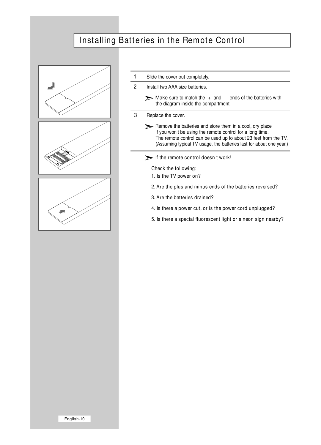 Samsung LE26R41B, LE40R51B, LE26R51B, LE32R41B, LE32R51B manual Installing Batteries in the Remote Control 