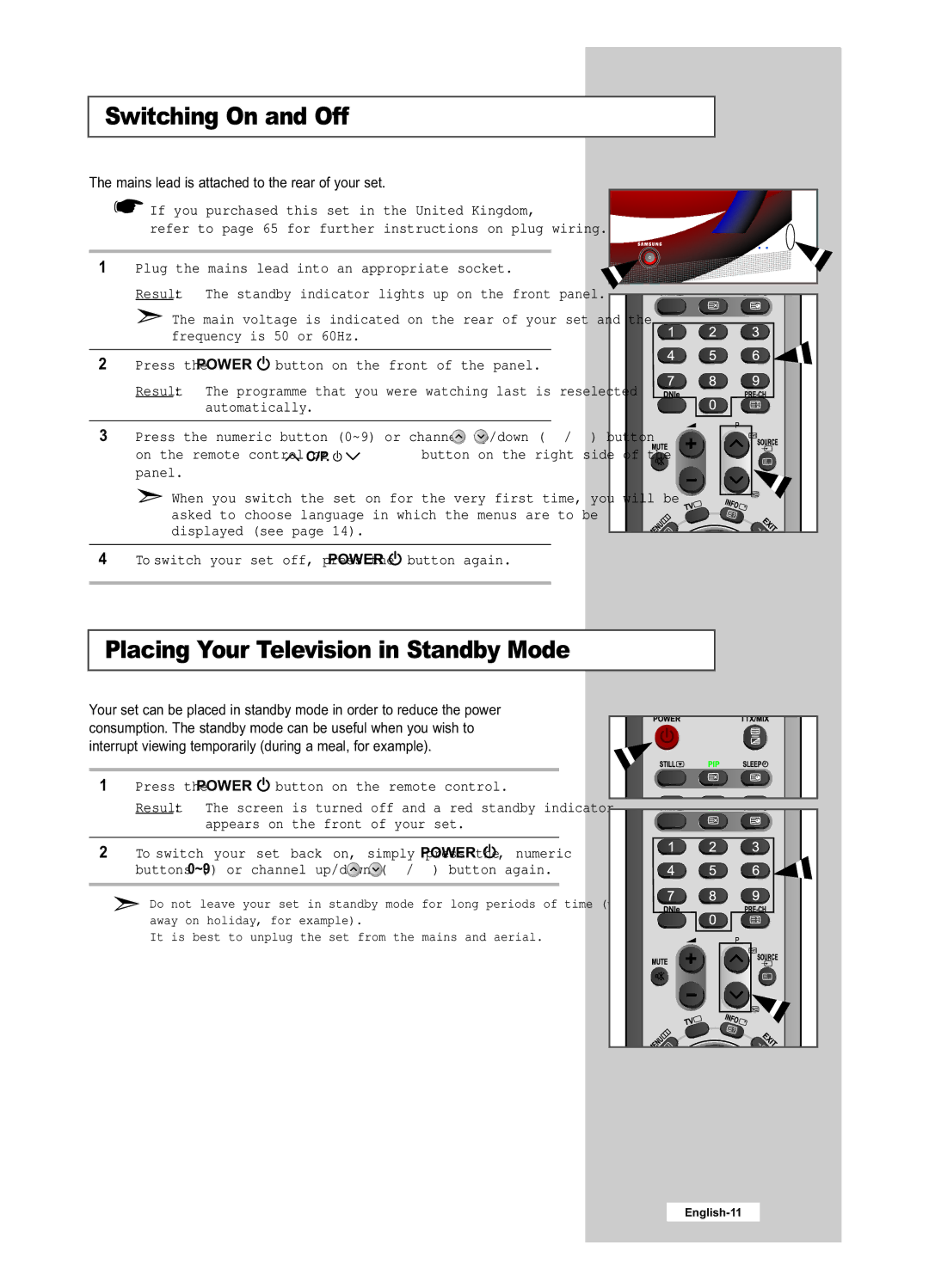 Samsung LE32R41B, LE40R51B, LE26R51B, LE26R41B, LE32R51B manual Switching On and Off, Placing Your Television in Standby Mode 