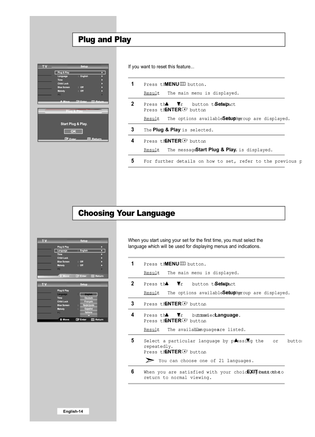 Samsung LE26R51B, LE40R51B, LE26R41B, LE32R41B, LE32R51B manual Choosing Your Language, If you want to reset this feature 