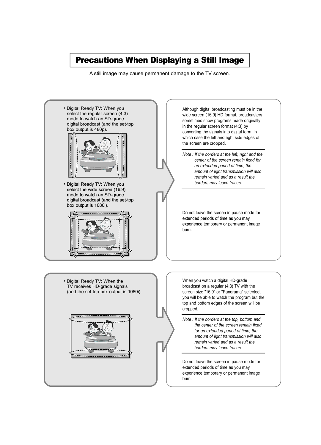 Samsung LE26R41B manual Precautions When Displaying a Still Image, Still image may cause permanent damage to the TV screen 