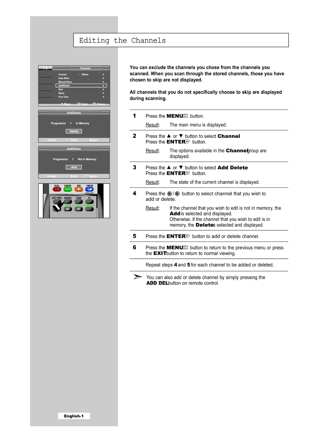 Samsung LE40R51B, LE26R51B, LE26R41B, LE32R41B, LE32R51B manual Editing the Channels 