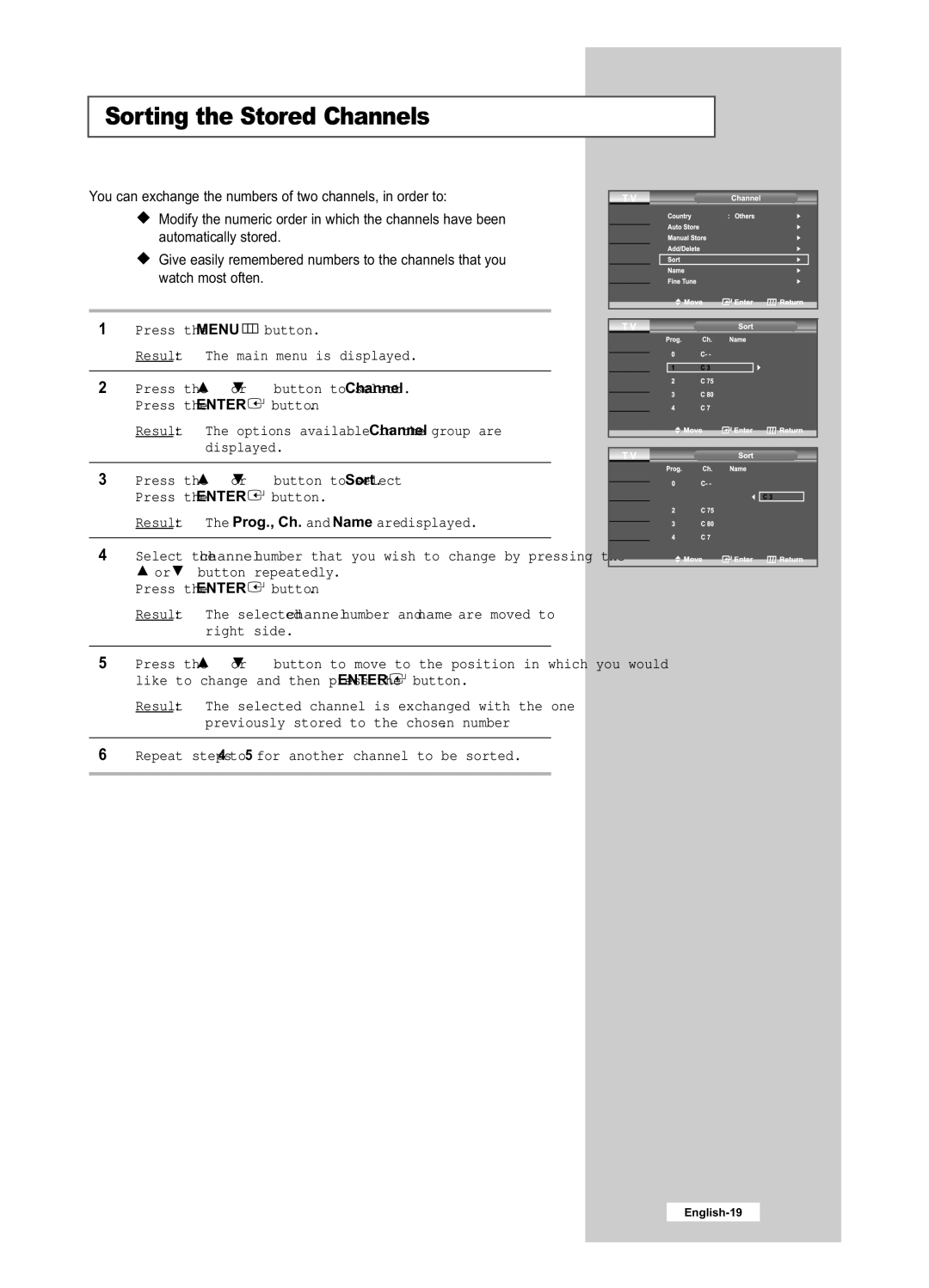 Samsung LE26R51B, LE40R51B, LE26R41B, LE32R41B, LE32R51B manual Sorting the Stored Channels 