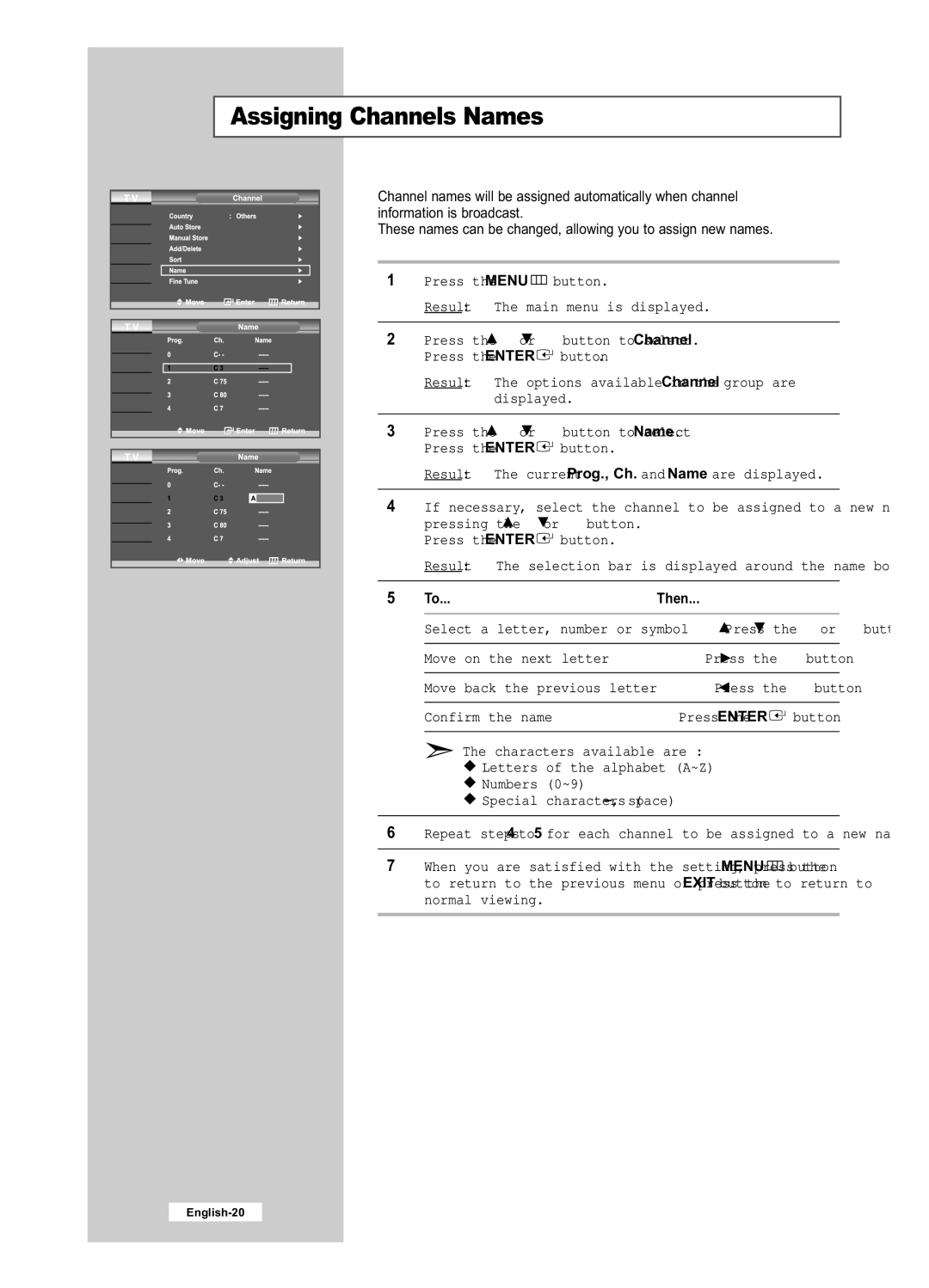 Samsung LE26R41B, LE40R51B, LE26R51B, LE32R41B, LE32R51B manual Assigning Channels Names, Then 