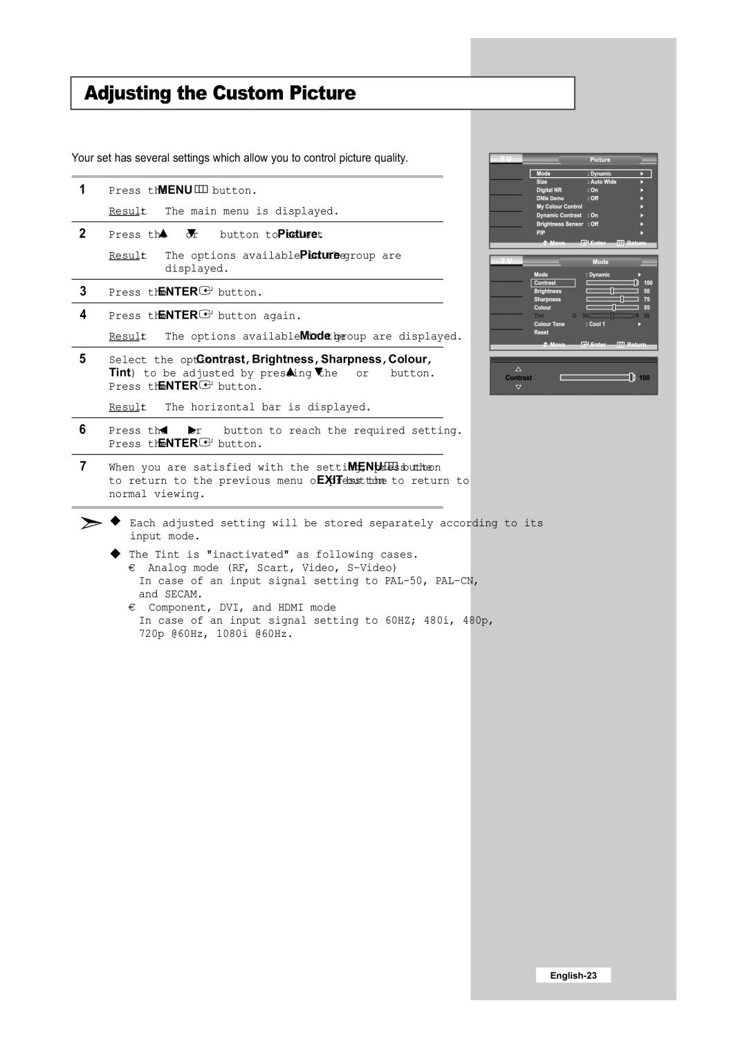 Samsung LE40R51B, LE26R51B, LE26R41B, LE32R41B, LE32R51B manual Adjusting the Custom Picture 