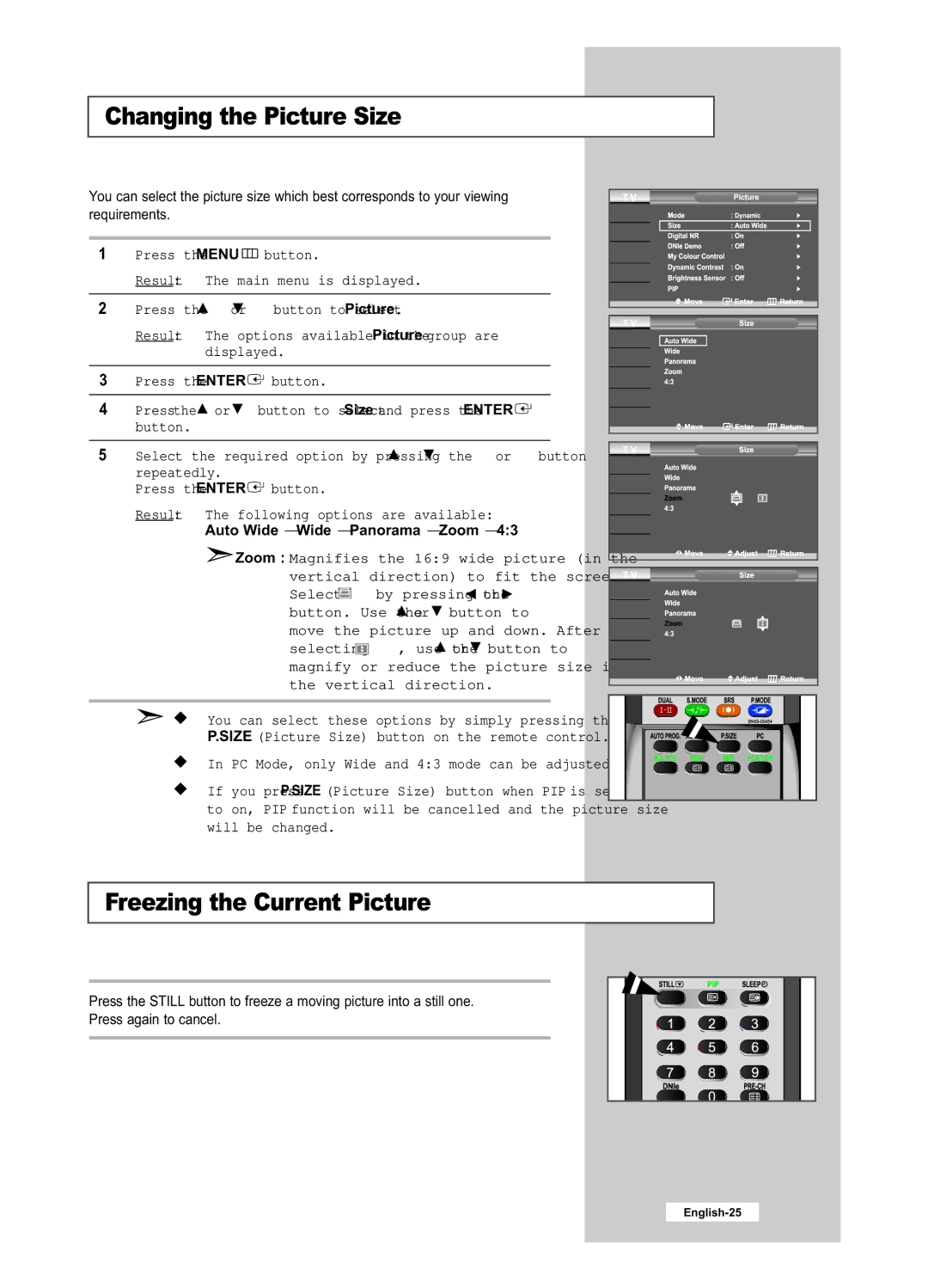 Samsung LE26R41B, LE40R51B, LE26R51B Changing the Picture Size, Freezing the Current Picture, Auto Wide Wide Panorama Zoom 