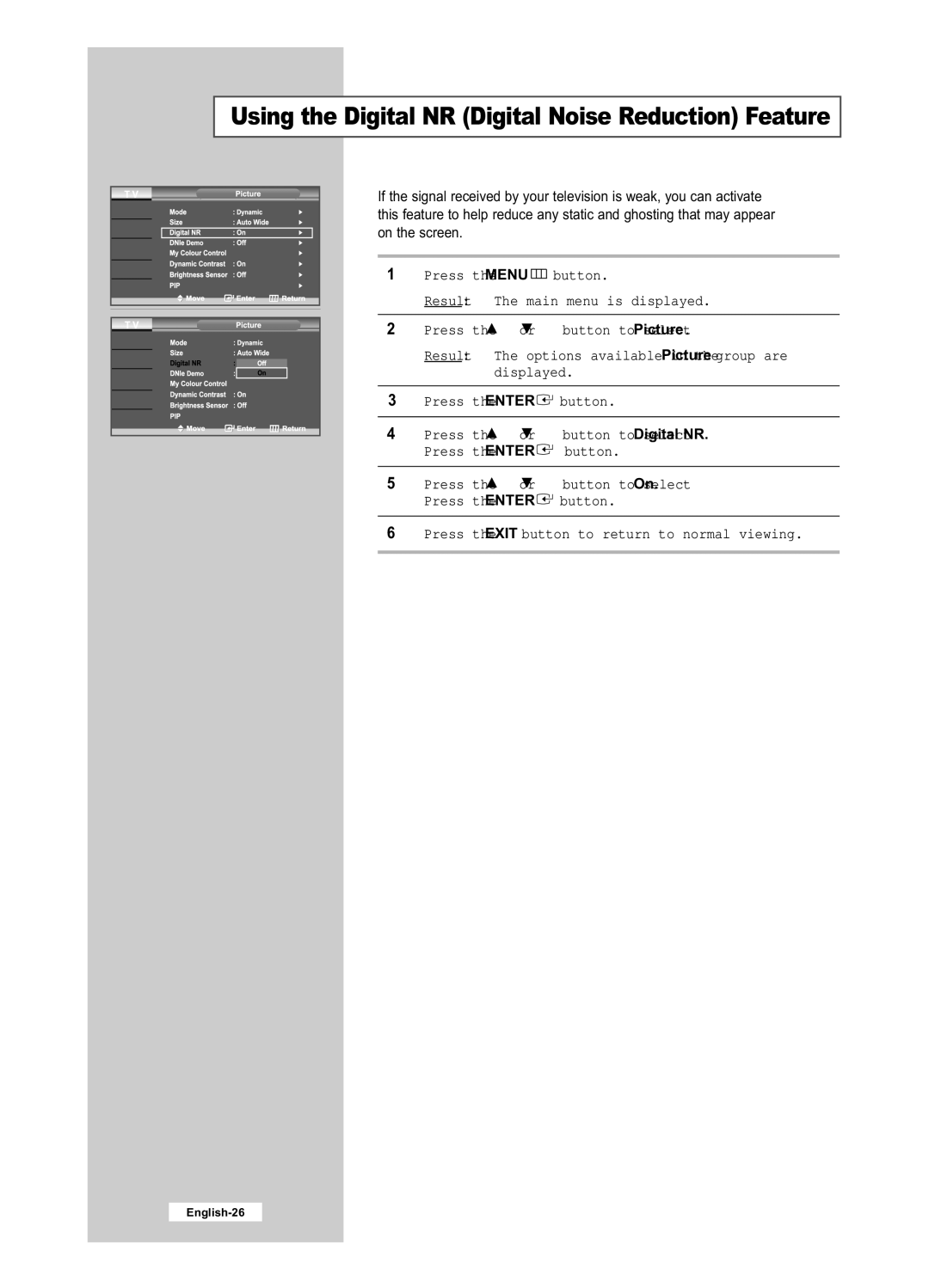 Samsung LE32R41B, LE40R51B, LE26R51B, LE26R41B, LE32R51B manual Using the Digital NR Digital Noise Reduction Feature 