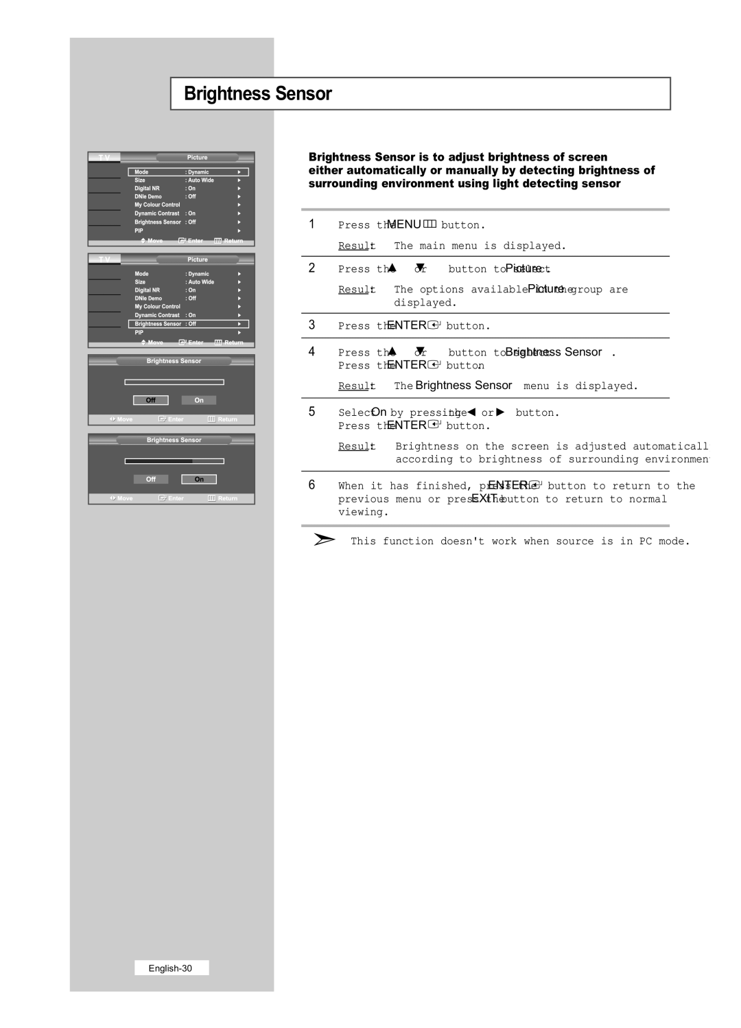 Samsung LE26R41B, LE40R51B, LE26R51B, LE32R41B, LE32R51B manual Brightness Sensor is to adjust brightness of screen 