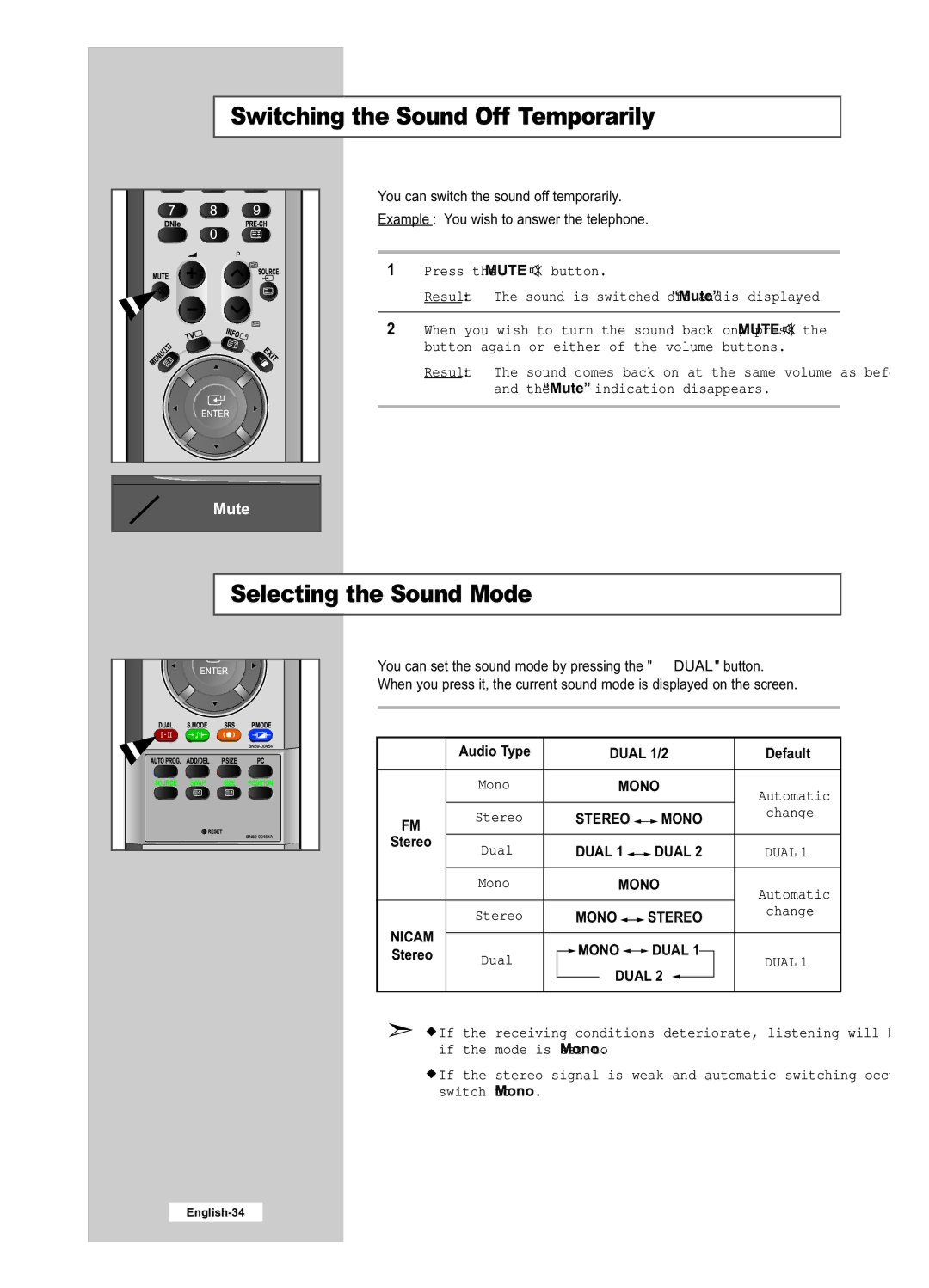 Samsung LE26R51B manual Switching the Sound Off Temporarily, Selecting the Sound Mode, Audio Type Dual 1/2 Default, Change 