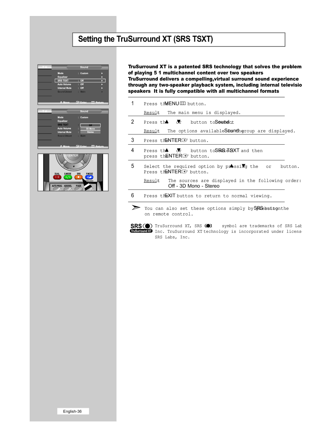 Samsung LE32R41B, LE40R51B, LE26R51B, LE26R41B, LE32R51B manual Setting the TruSurround XT SRS Tsxt, Off 3D Mono Stereo 