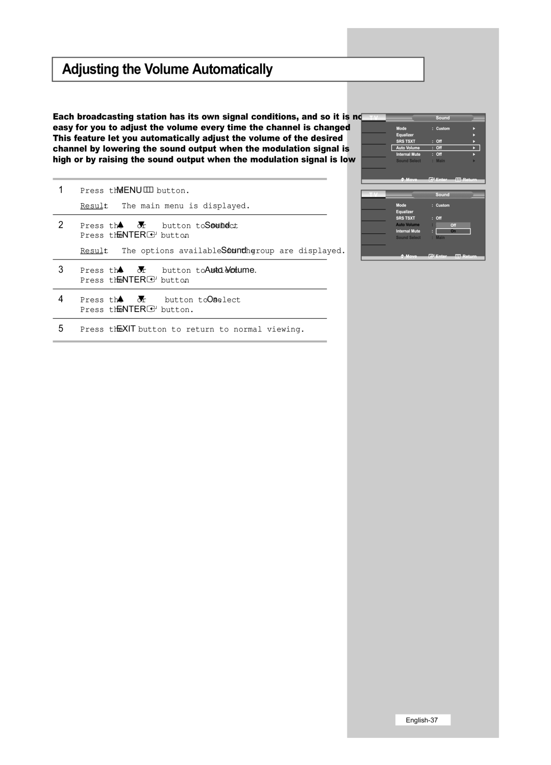 Samsung LE32R51B, LE40R51B, LE26R51B, LE26R41B, LE32R41B manual Adjusting the Volume Automatically 