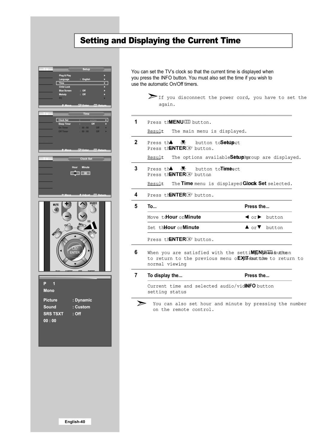 Samsung LE26R41B, LE40R51B, LE26R51B, LE32R41B, LE32R51B manual Setting and Displaying the Current Time, To display 